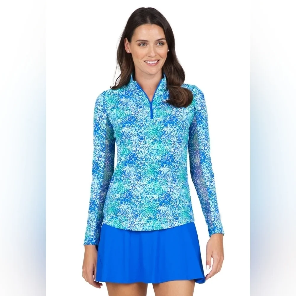 Ibkul Long Sleeve Zip Mock Neck Painted Blue Green Sun Shirt Women's Size XS - Picture 1 of 9